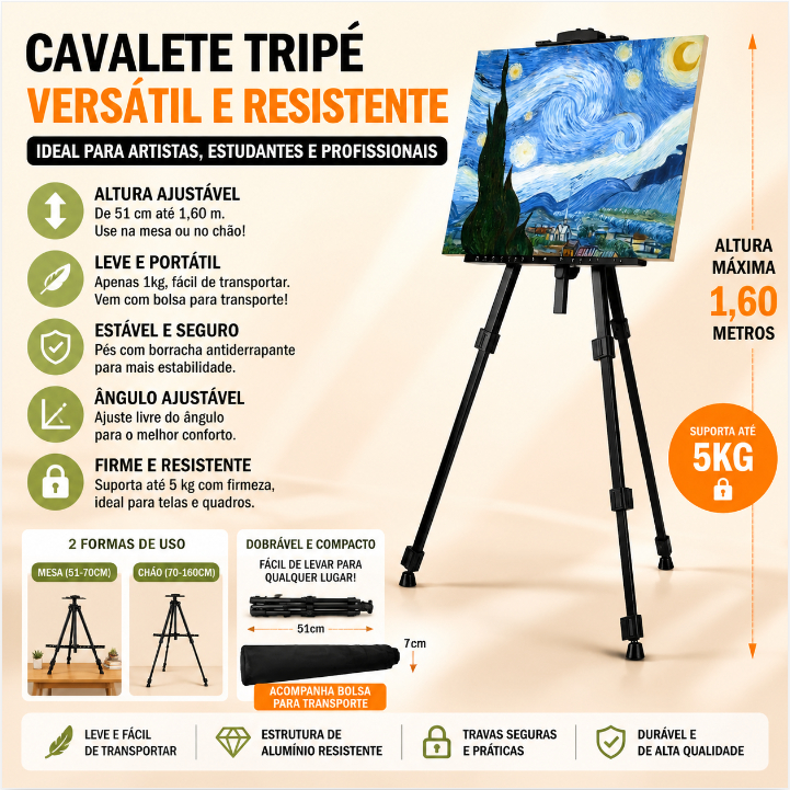 Cavalete Tripé de Pintura Profissional 1,60m Dobrável com Bolsa  Suporta até 5 kg.