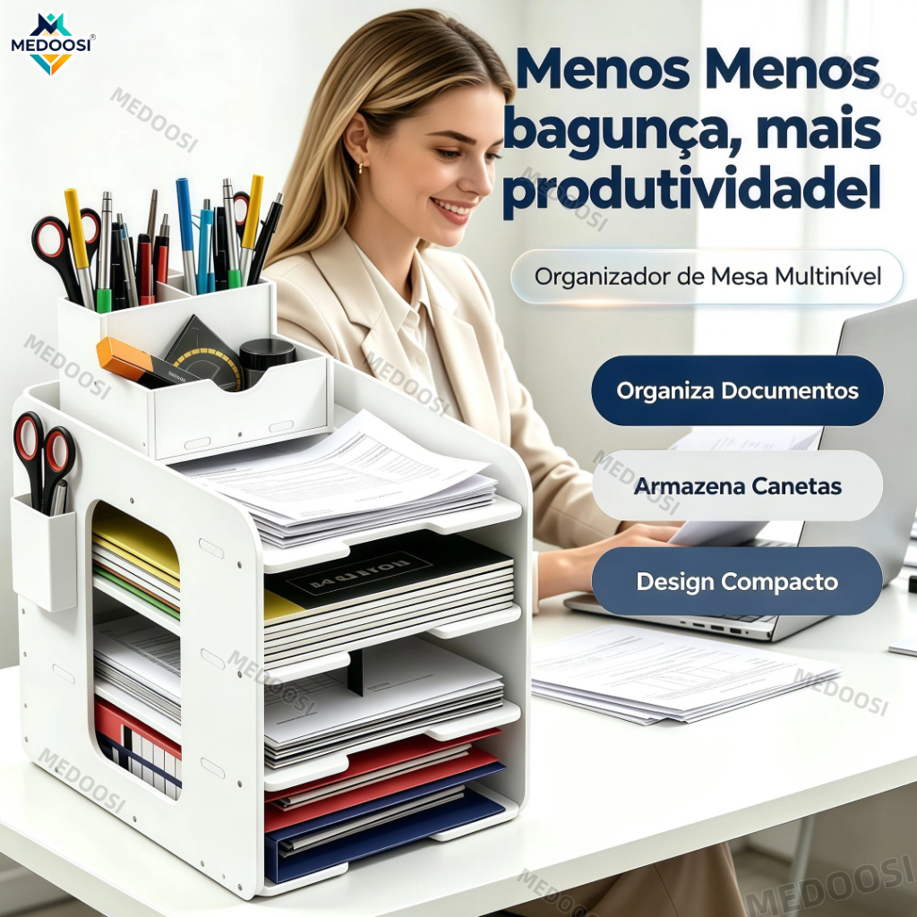MEDOOSI 4 Níveis Organizador de Mesa Escritório | Grande Capacidade A4 com Porta-canetas e Prateleiras Multiuso