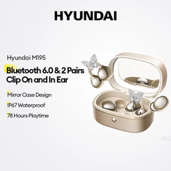 HYUNDAI M195 Fones De Ouvido Bluetooth Sem Fio HiFi Som Estéreo 6.0 2 Pares Clip-On & In-Ear 78H Playtime Mirror Case IP