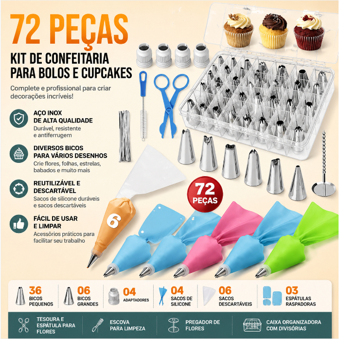 72 PÇS Conjunto de Saco de Confeiteira de Silicone com Bico para Decoração com Creme / Confeitaria / Açúcar