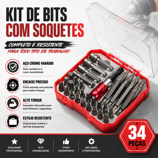 Jogo Bits Parafusadeira 34pcs Completo 1/4 Com Ponta Philips Fenda Torx Ponteira