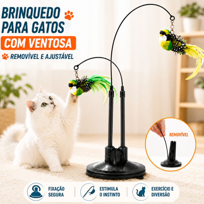 Brinquedo para Gatos – Varinha com Pássaro Simulado + Ventosa, Acessório com Substituição Destacável