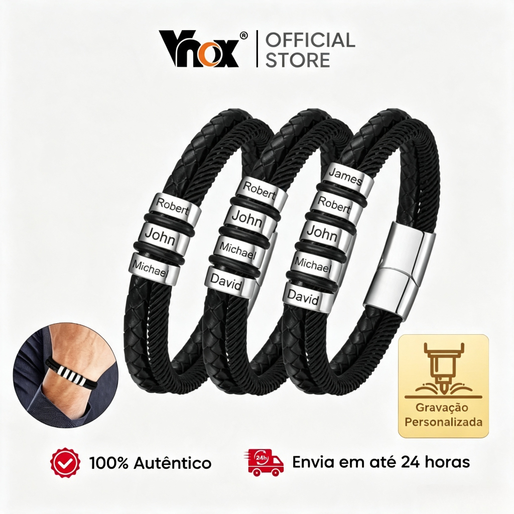 Vnox Aço Inoxidável Personalizado Nomes Milão Corda E Couro Pulseira De Camada D