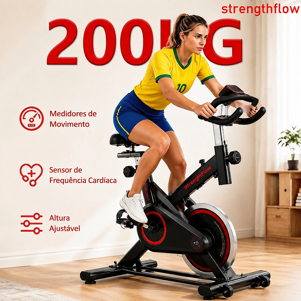 Uma bicicleta ergométrica com monitoramento de frequência cardíaca, com capacidade máxima de peso de 150 kg