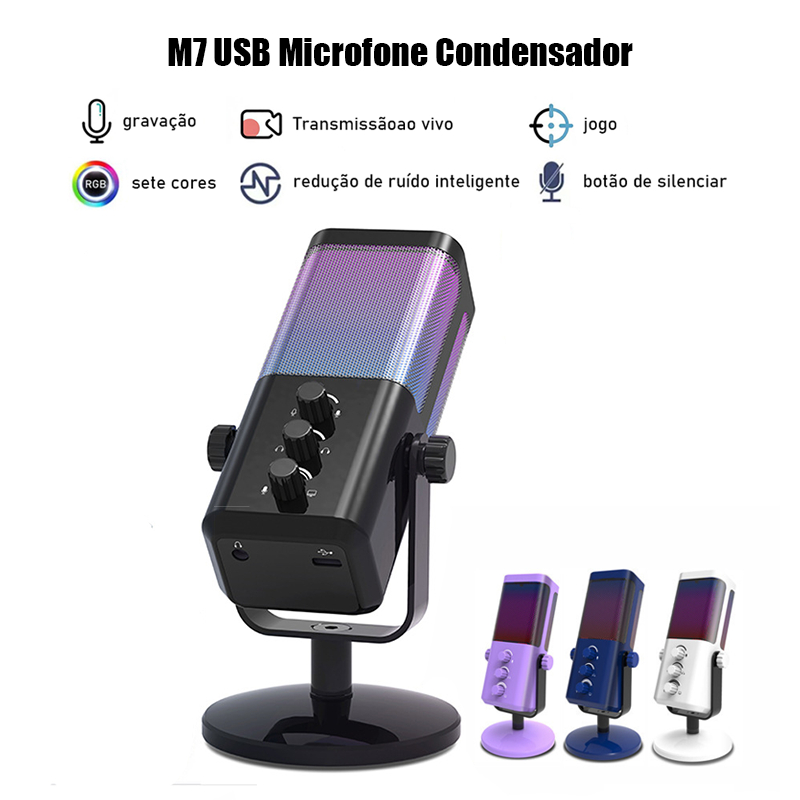 M7 USB Microfone Condensador RGB Gravação Live PC Gamer Gaming Para Tipo c Telefone PS4 PS5 Laptop