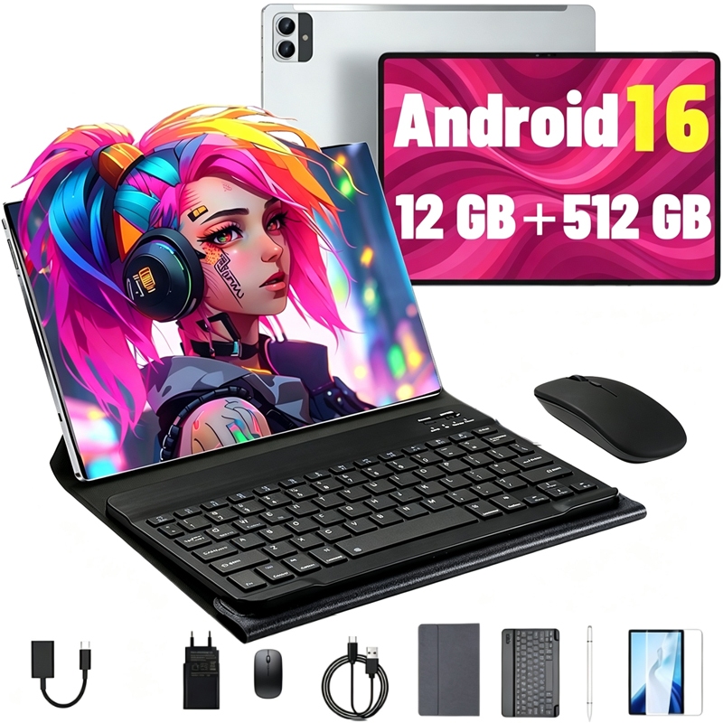 Pad 12 Tablet 12GB+512GB  Android 16, com capa protetora, 10.1 polegadas, câmera de 16 MP + 32 MP,10000mAh