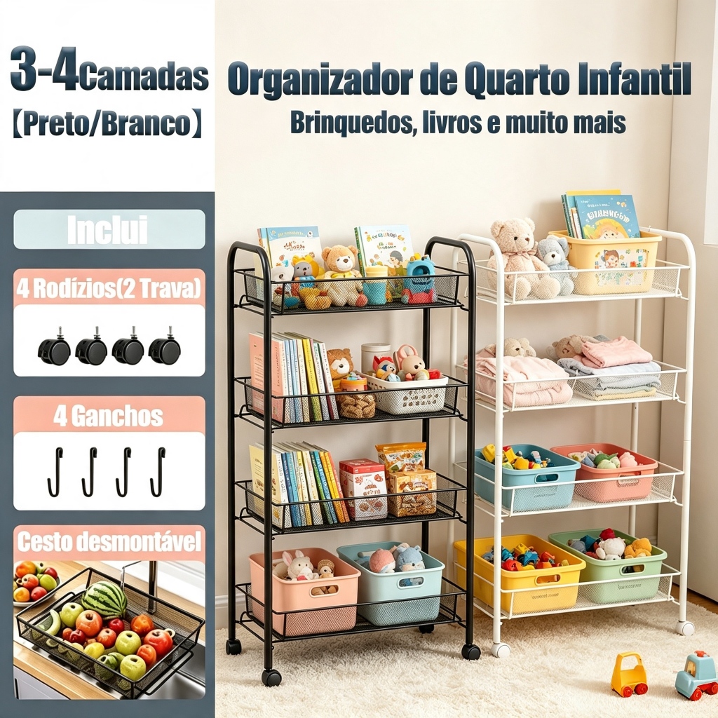 Carrinho Organizador Fruteira Multiuso Em Aço 3/4 Prateleiras Com Rodinhas
