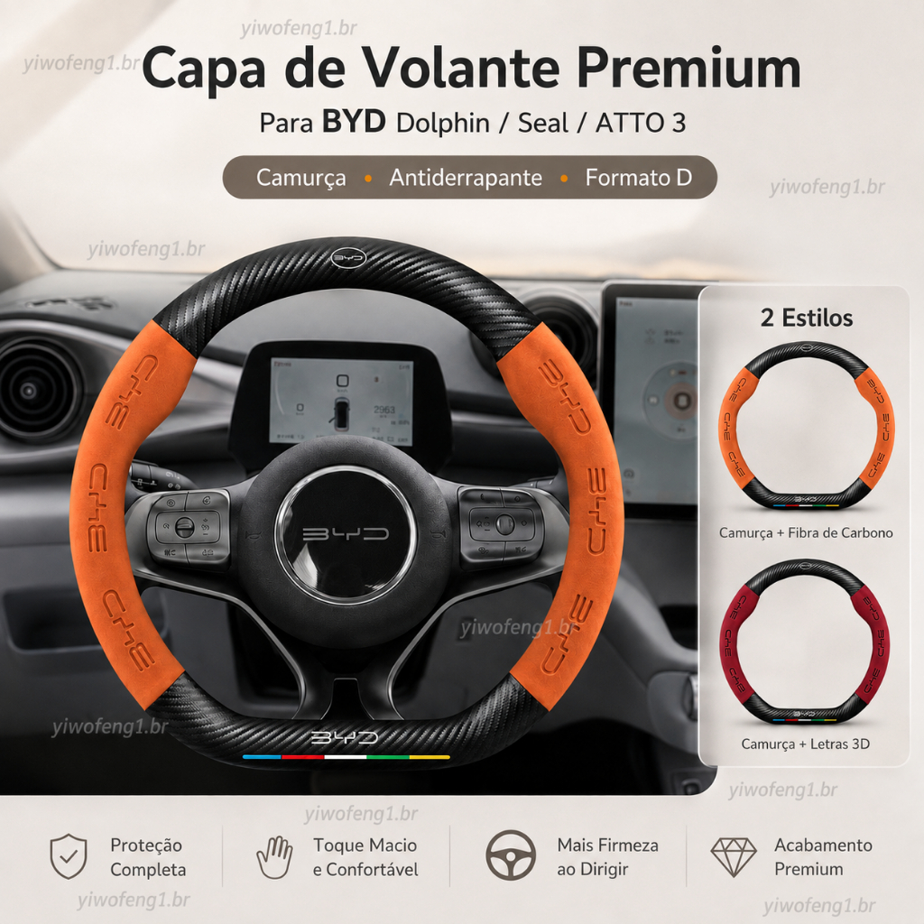 Capa volante Para BYD Dolphin/Mini Atto 3 Protetor de volante BYD Capa de volante fibra de carbono  camurça automotiva3D