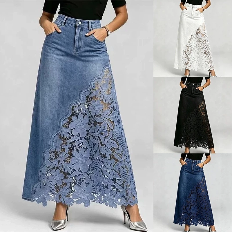 Saia Longa De Retalhos De Renda Jeans Lavada Feminina Europeia E Americana Com Cobertura De Quadril — imagem 1