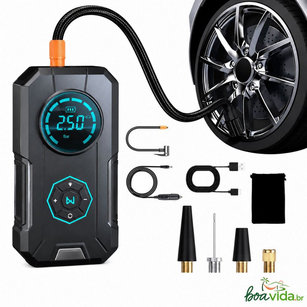 Compressor de Ar Portátil para Carro Elétrico Sem Fio com Display Digital 12v Inflagem Rápida de Pneus