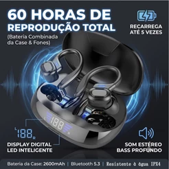 Fone de Ouvido Bluetooth 5.3 Esportivo Sem Fio 60 Horas com Estojo de LED Digital Som Estéreo Potente