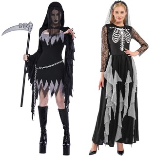 Feminino Assustador Grim Reaper Traje De Halloween Preto Crânio Osso Cosplay Roupas Adulto Esqueleto Vestido Para Festa