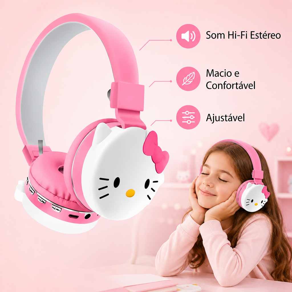 Headphone Fone de Ouvido Infantil Bluetooth Hello Kitty Sem Fio Alta Fidelidade Estéreo
