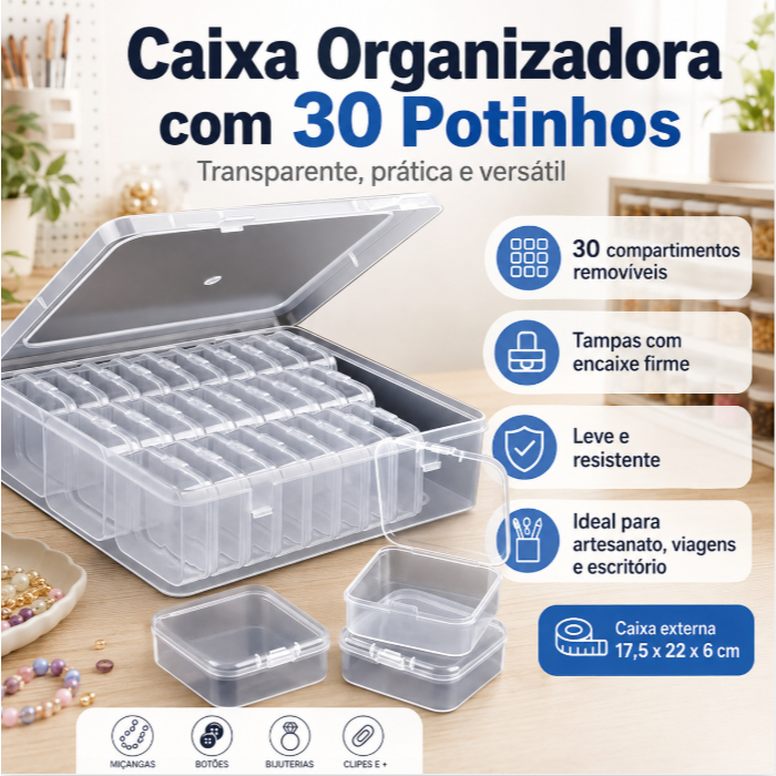 Caixa Organizadora com 30 potinhos. Organizador para acessórios, miçangas e itens em geral