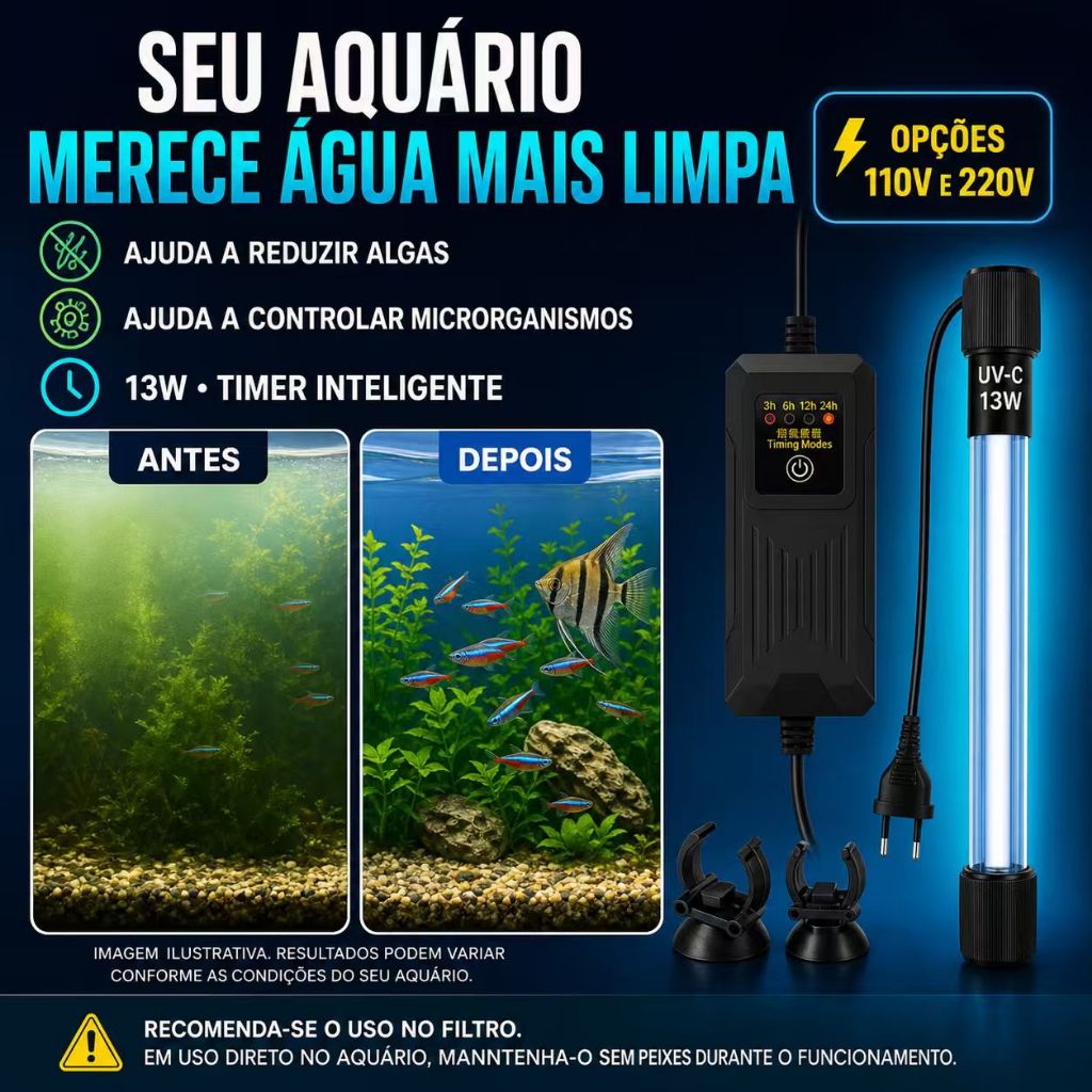 Esterilizador UV submerso para aquário, lâmpada desinfetante com temporizador para tanques de peixes