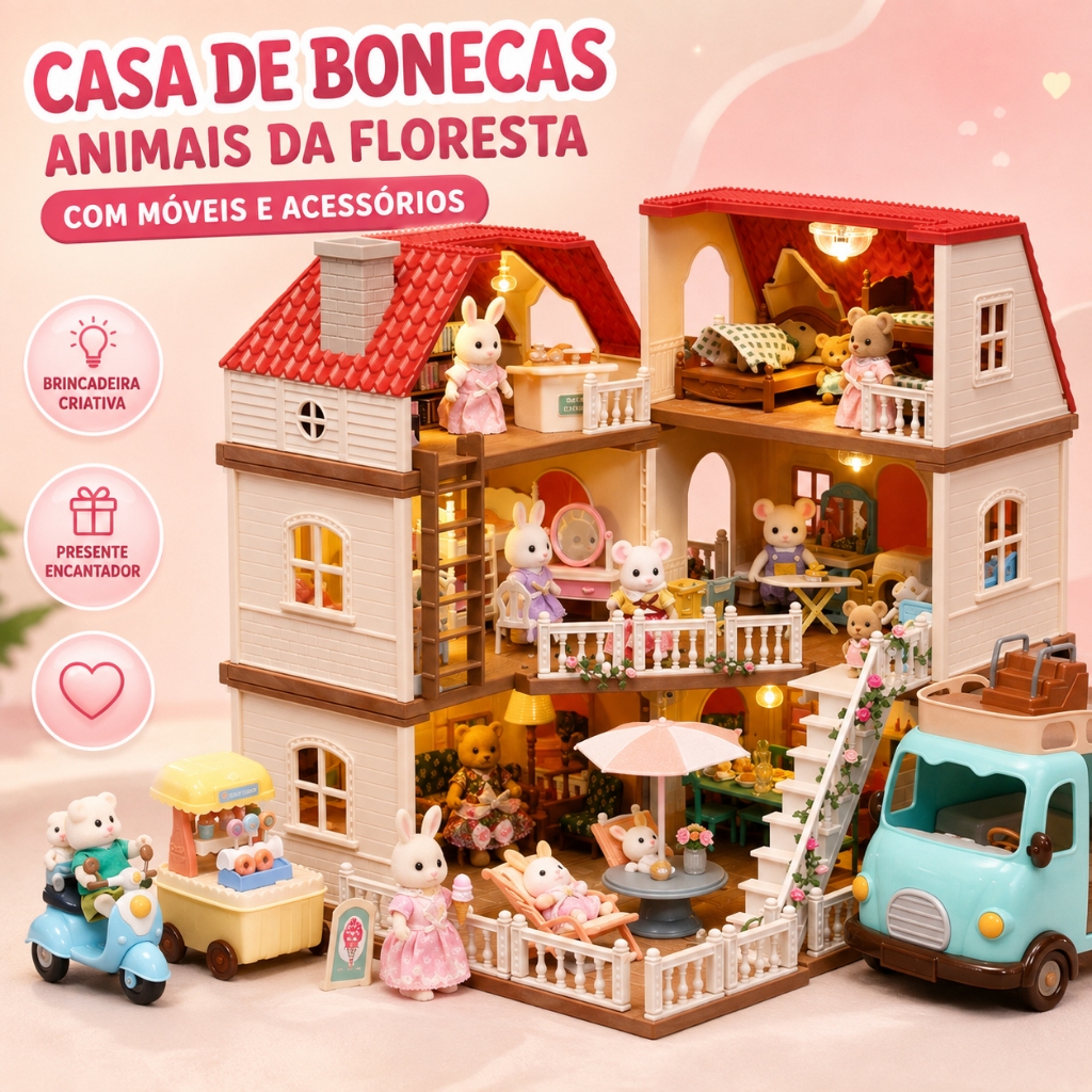 Casa de Bonecas Animais da Floresta com Móveis DIY Brinquedos Educativo Infantil Simulação Quarto Menina Presente Natal