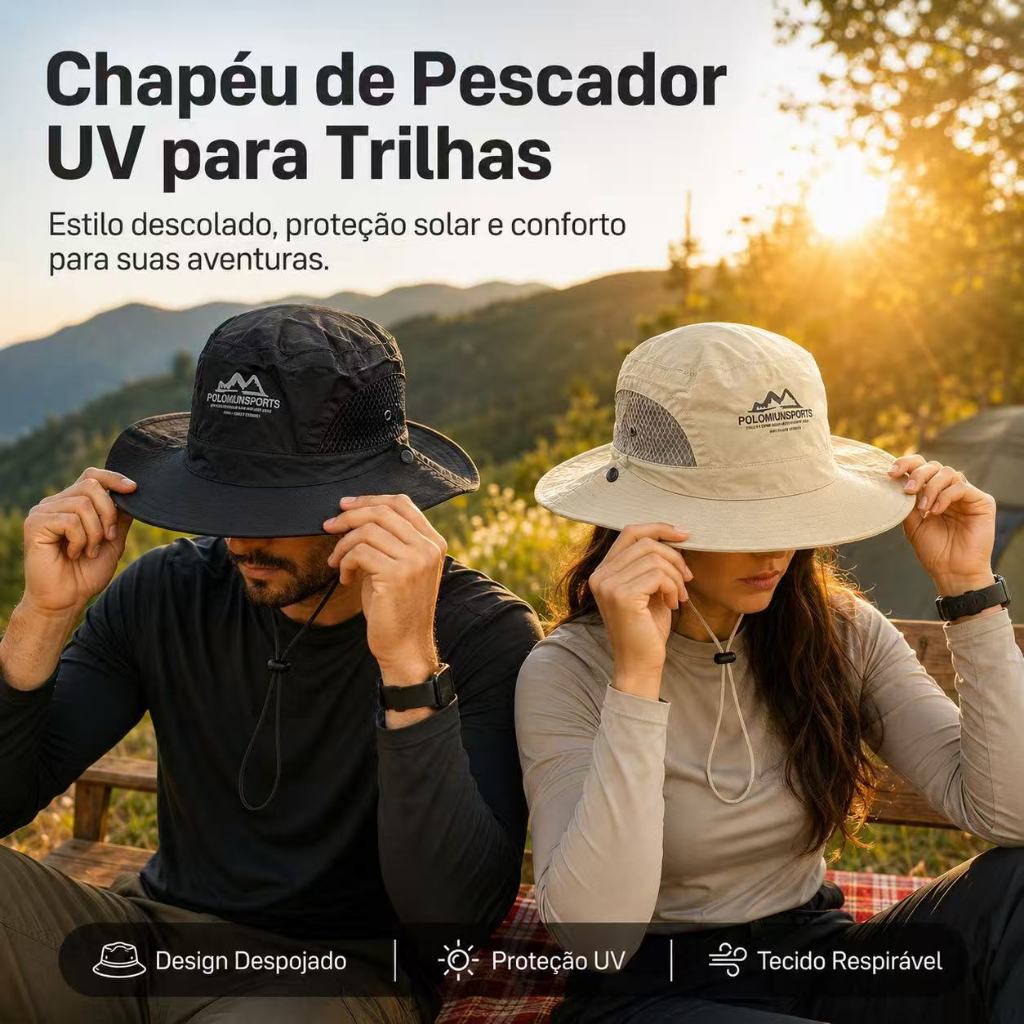 Chapéu de pesca ao ar livre com função de protetor solar, aba larga, malha respirável e corda ajustável