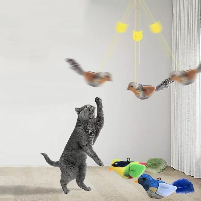 Brinquedo de gato pendurado. Pássaro realista, simula o som do pássaro. Catnip integrado pode aliviar o estresse do gato