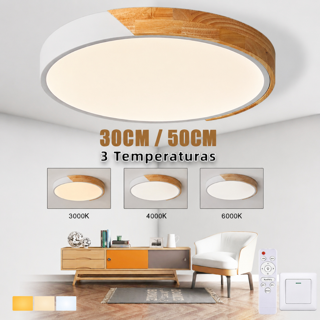 Plafon New LED Madeira 3 em 1 25W  40W  – Moderna Acabamento Amadeirado (Acrílico + Metal)