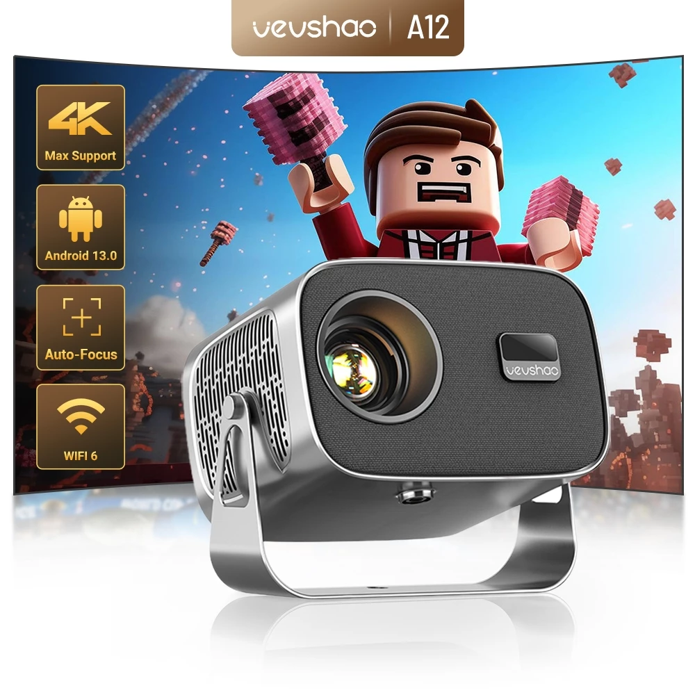 Projetor VEVSHAO A12 Android 13 Com 360 ° Rotação , Suporte 4K , WiFi 6 , Correção Keystone Automática Externa Portátil
