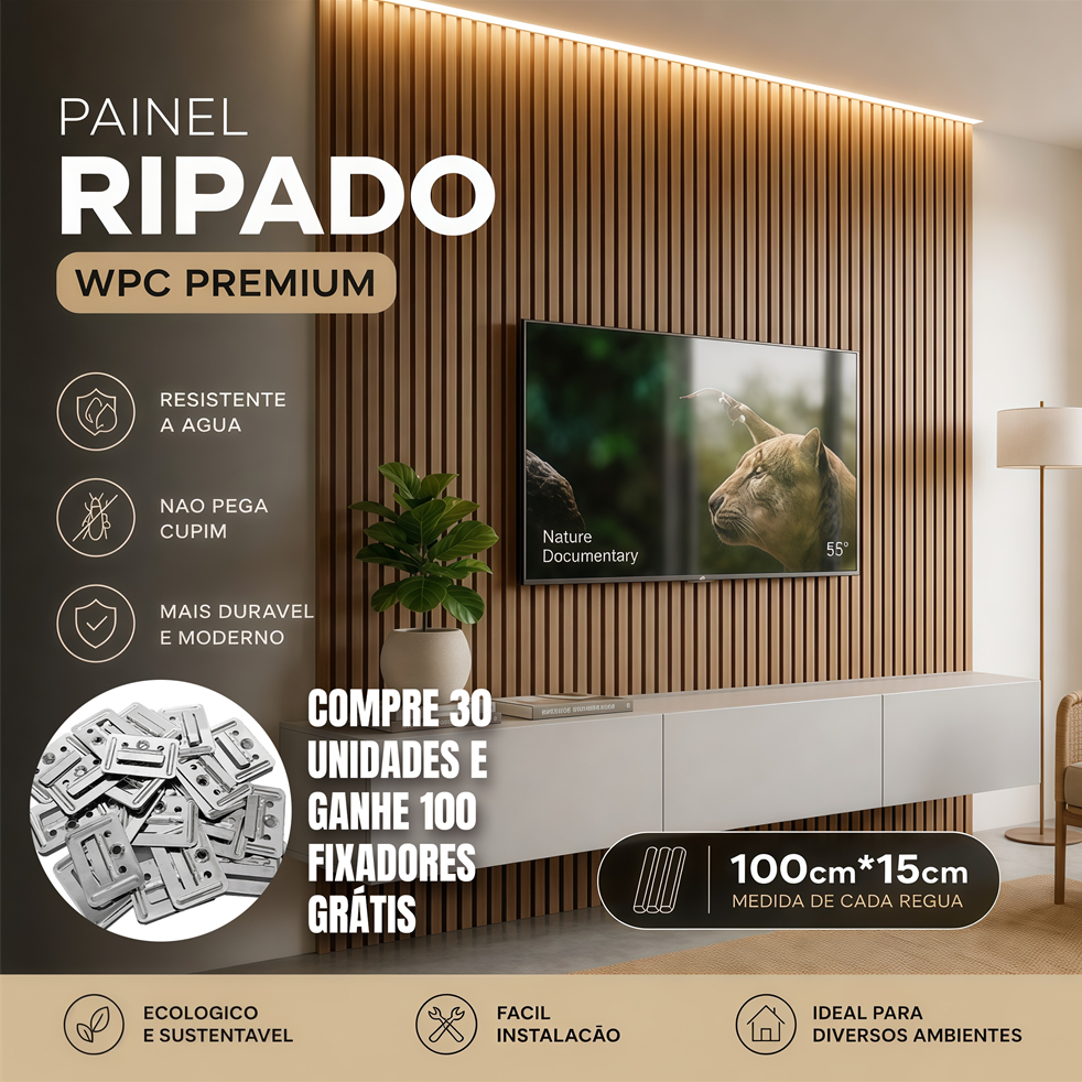 Painel Ripado WPC Premium 100x15cm Revestimento Parede Resistente Água Cupim Sala Quarto Decoração Moderna