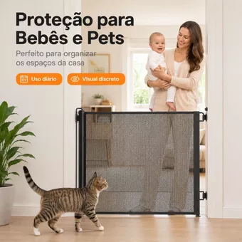 Portão Tela Segurança Automático Bebês Pets Retrátil Cercadinho Porta Grade Escada