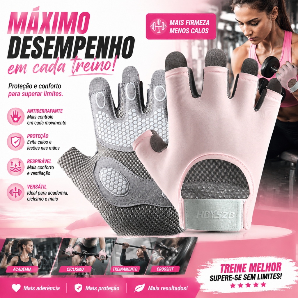 Luvas esportiva unissex de meio dedo academia Exercicios Com Munhequeira Fit Musculação ajuste/PRETO  E ROSA