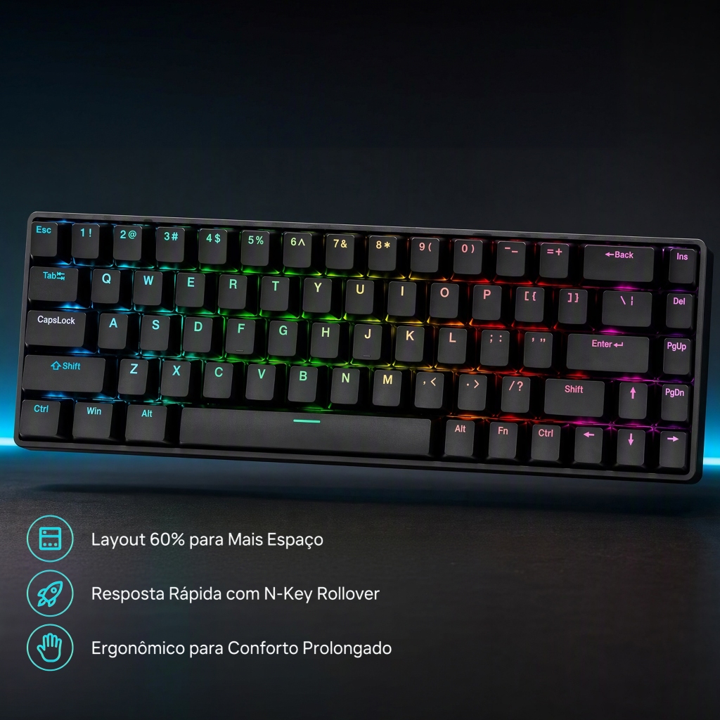 Teclado Mecânico 60% Compacto com Iluminação LED e Design Ergonômico Ideal para Computadores e Notebooks