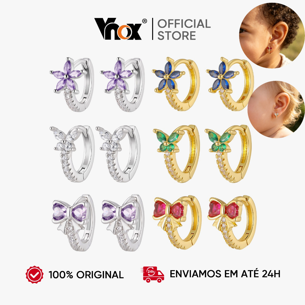 Vnox Brincos bebê menina, infantil aço inoxidável hipoalergênico zircônia flor borboleta laço, presente Dia das Crianças