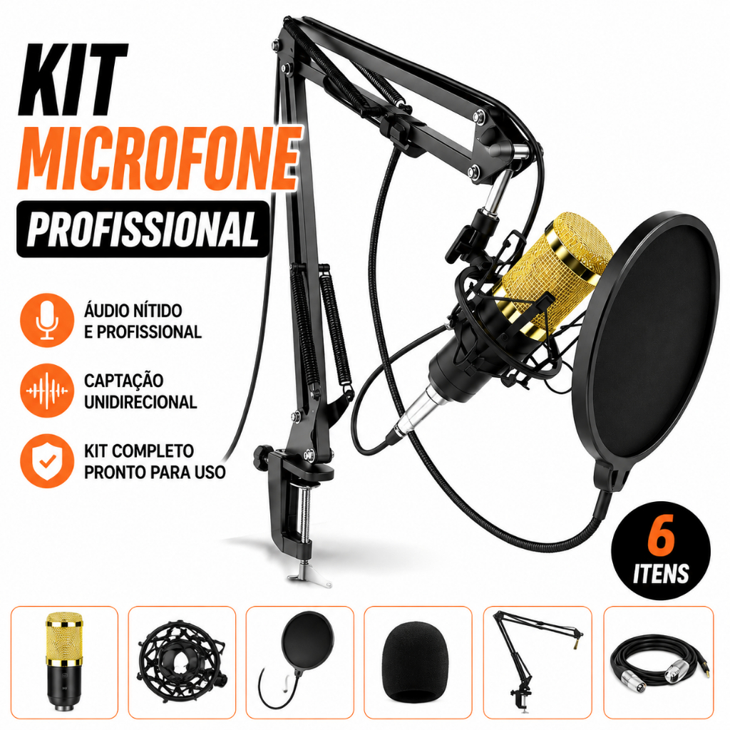 Kit Microfone Condensador Profissional Estúdio de Mesa para Criador Podcaster