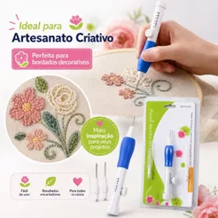 Kit Agulha Magica Caneta Para Bordar Ponto Russo Punch Needle para Decoração em Tecido