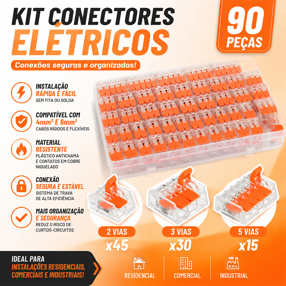 Kit 90 Peças Conector Compacto Elétrico Emenda E Derivação 2, 3 e 5 vias