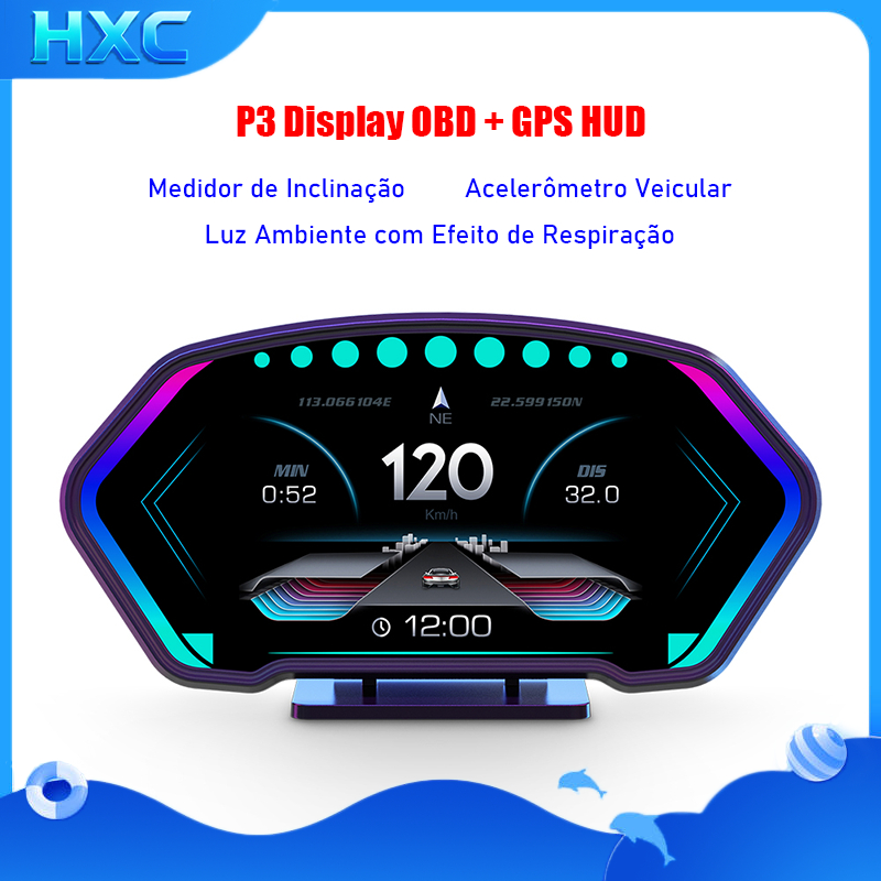 Display OBD + GPS HUD Com Acelerômetro De Inclinação E Alarmes De Segurança RPM De Velocidade De Iluminação Ambiente