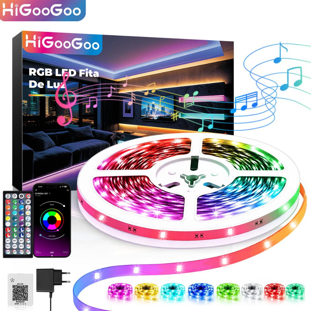 HiGooGoo 40/30/20/10M Recortável Fita Led APP Controle Remoto Decoração Quarto Casa Sincronização De Música Com Fonte