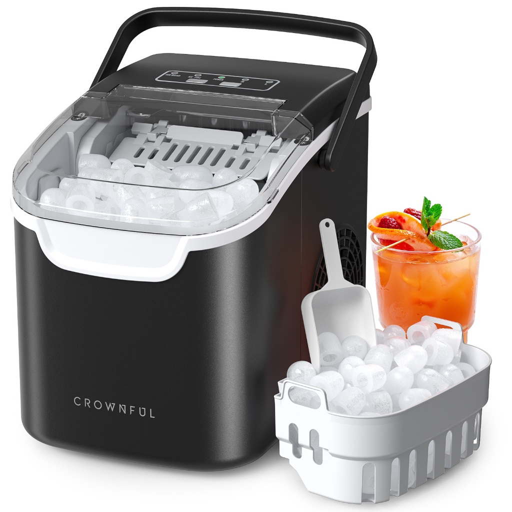 CROWNFUL Máquina de Gelo Portátil 12kg/24h, 8 Cubos em 6 Min, 2 Tamanhos, Autolimpante com Colher