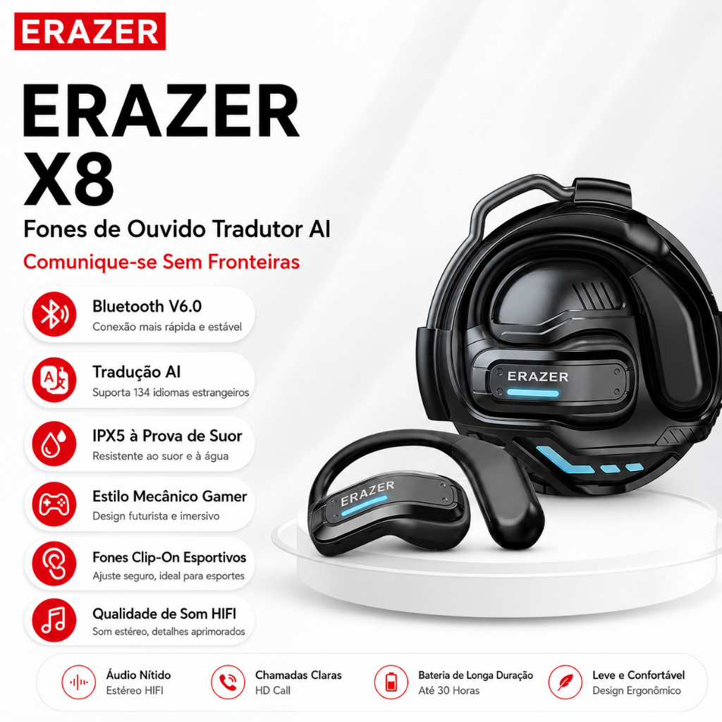 Lenovo ERAZER X8 AI Tradução Headset Sem Fio Bluetooth V5.4 OWS TWS Esportes IPX5 À Prova D 'Água HIFI Qualidade de Som