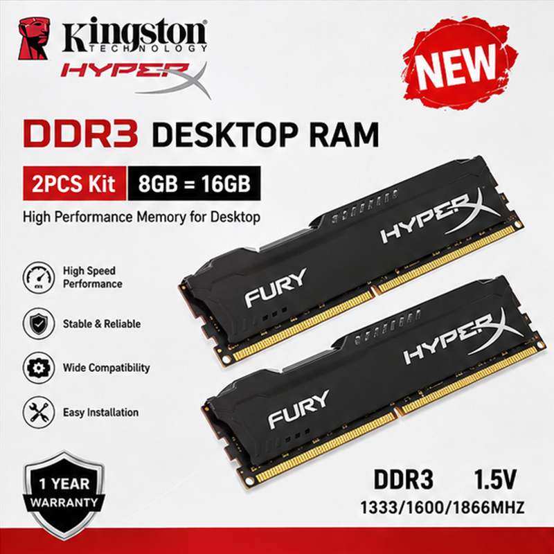 Memória De Desktop DDR3 RAM 2 Peças Kingston Hyperx 8GB 16GB DIMM 1333/1600/1866MHz 240Pin 1.35V/1.5V PC3-10600 12800