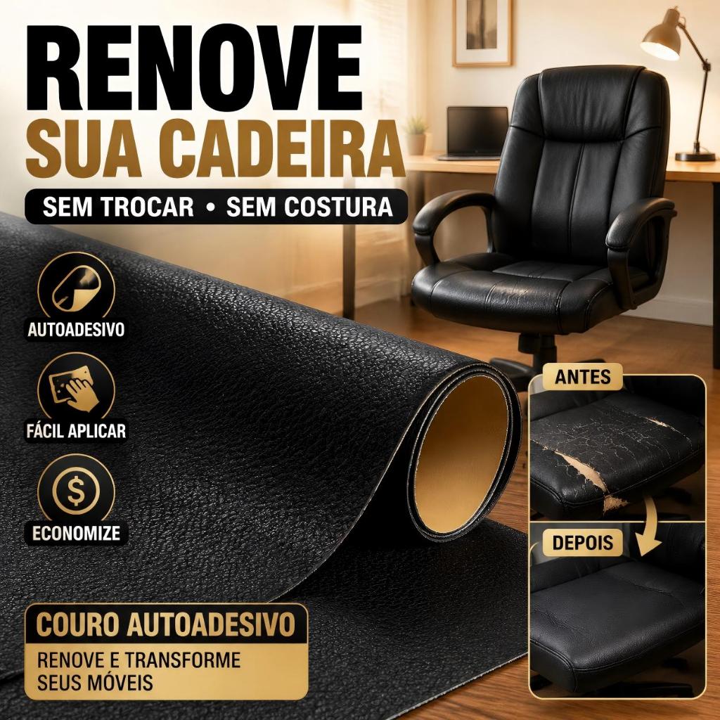 Couro Sintético Autocolante Preto Para Reparo De Cadeira Escritório Sofá Banco Adesivo Recortável