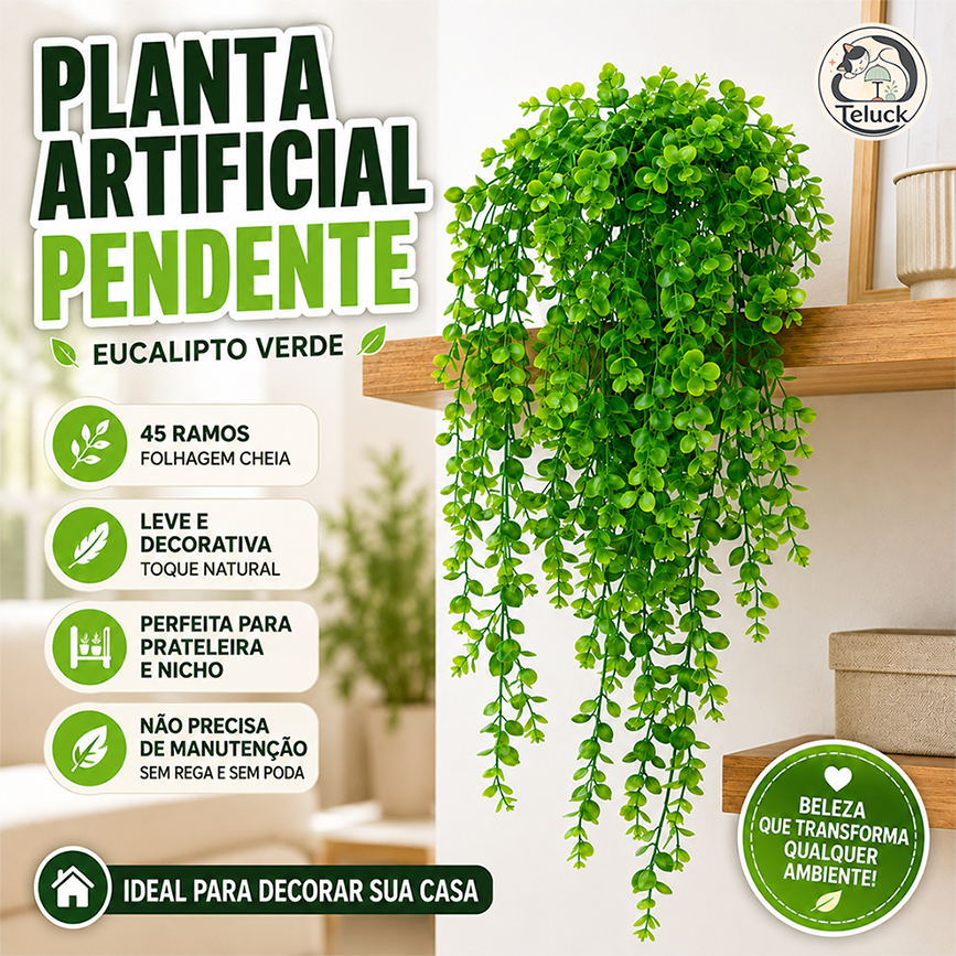 Planta Artificial Pendente Eucalipto Verde 78cm 1 Maço 45 Ramos Folhagem para Decoração