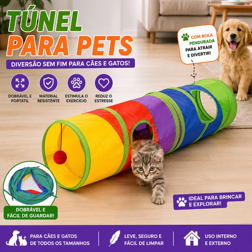 Túnel Colorido Dobrável para Pets - Brinquedo com  Saídas e Janela, Diversão Felina