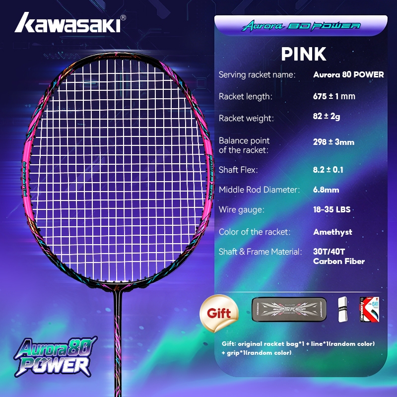 Kawasaki Aurora 80 POWER Raquete De Badminton Fibra De Carbono Completa 4U 18-30LBS Ultra Leve Competições Profissionais