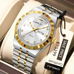 Relógio Masculino CRRJU : Novo Modelo , Aço Inoxidável , Mãos Luminosas , Calendário E Exibição Diurna , Quartzo , Caval