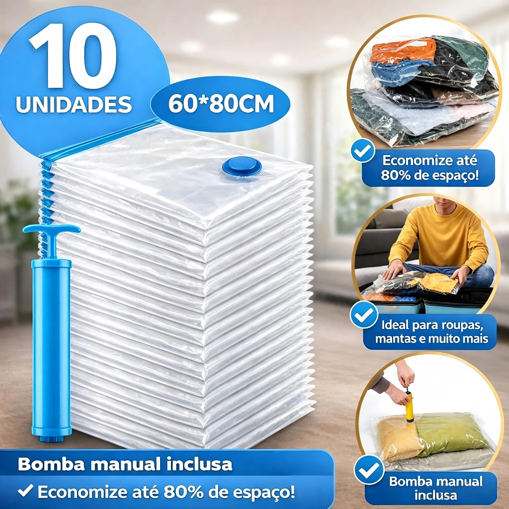 Kit 10 Saco a Vacuo Organização de Roupas Mala Viagem Guarda Roupa Com bomba de ar 60*40cm/80*60cm