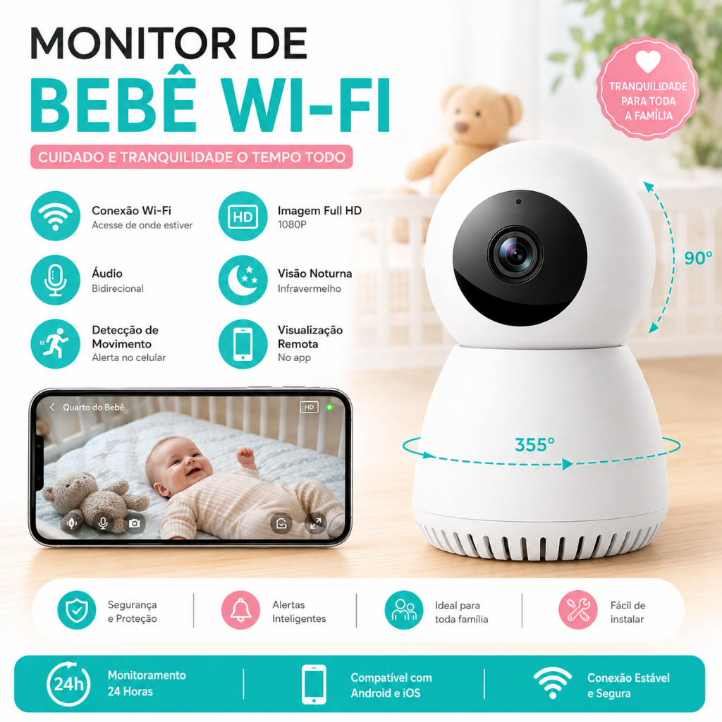 Câmera de Segurança WiFi 1MP 360° Rastreamento Automático Monitor Bebê Idoso Pet Visão Noturna