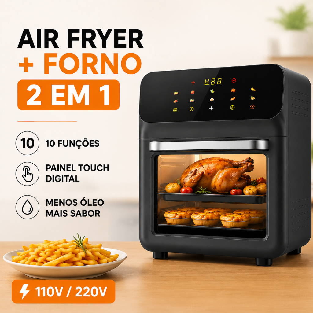 Imagem Air Fryer Oven 12L 2 em 1 Forno Elétrico Fritadeira Sem Óleo 10 Funções Painel Touch Digital