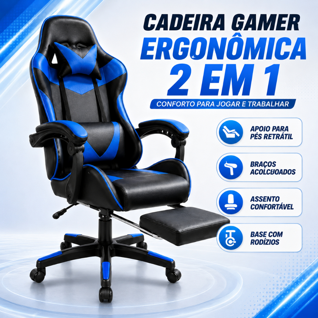 Cadeira Gamer 2 em 1 para Escritório, Ergonômica, Encosto Ajustável, com Rodinhas e Apoio para Pés