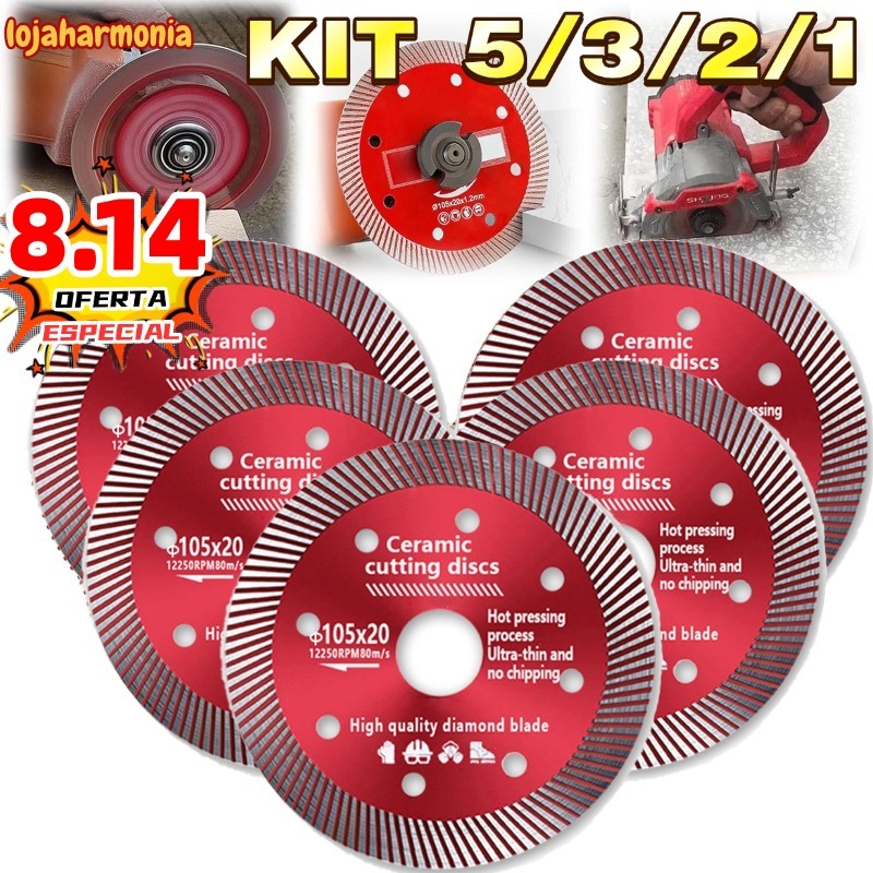 Kit5/3/2/1 Disco de Corte Diamantado Porcelanato 105 mm x 20 mm - 1,4mm A qualidade Super Fino Diamantado