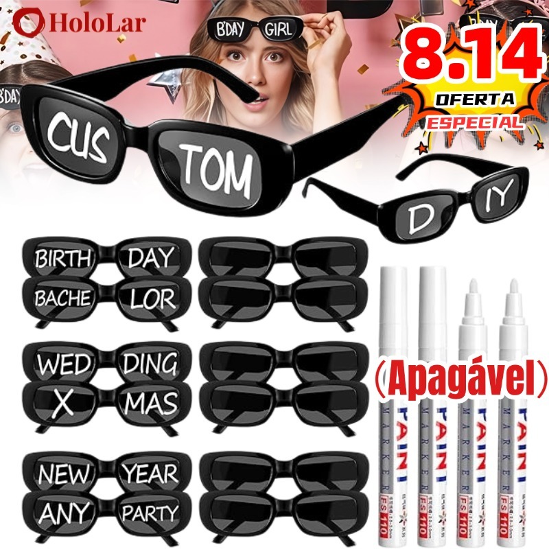 Oculos Vintage Retro Preto Liso + Caneta Giz Festa Casamento Evento Balada Despedidas Cor Preto-HL