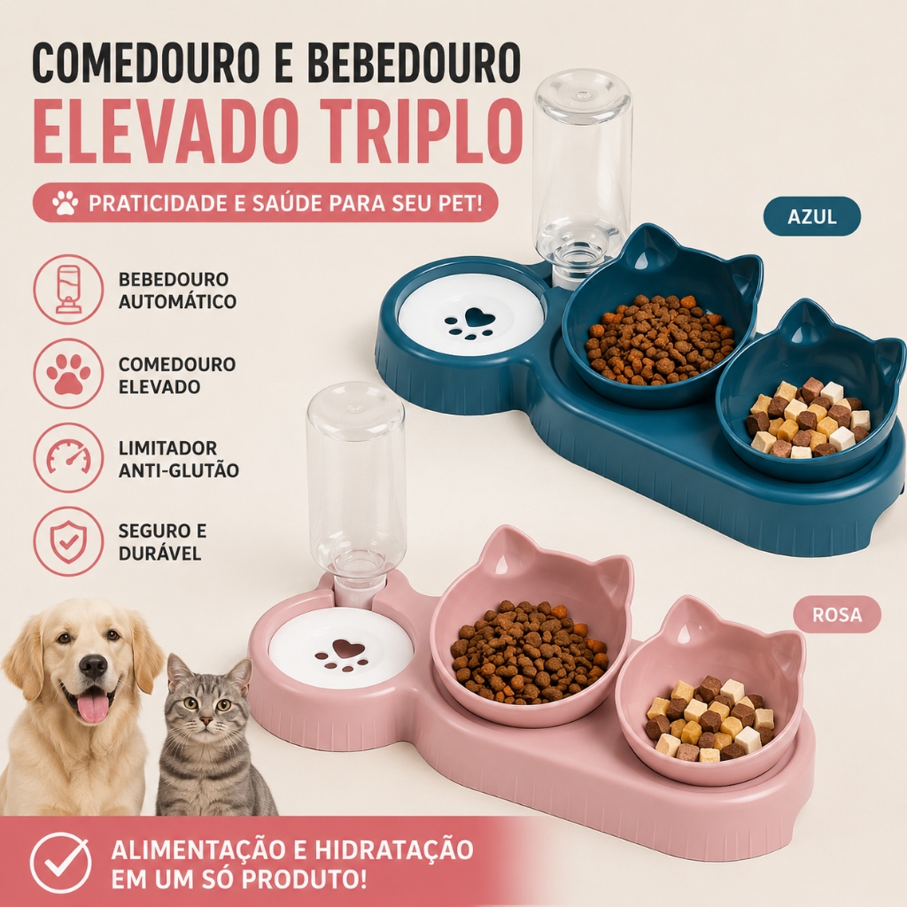 Comedouro Pet Elevado Bebedouro Automático C/ Limitador Triplo