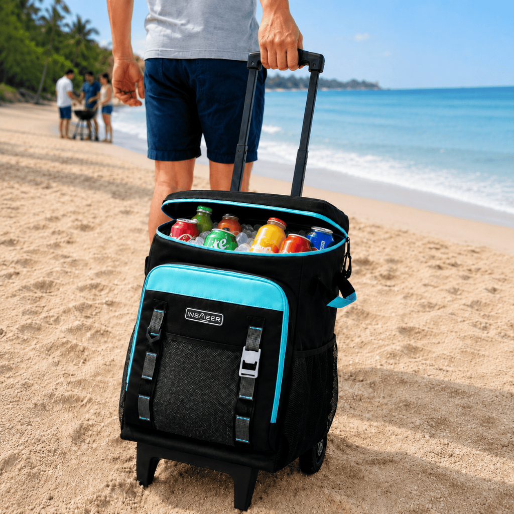 INSMEER Bolsa Térmica Grande Com Roda 50 L/ 80 Latas Impermeável Dobrável Praia e Camping